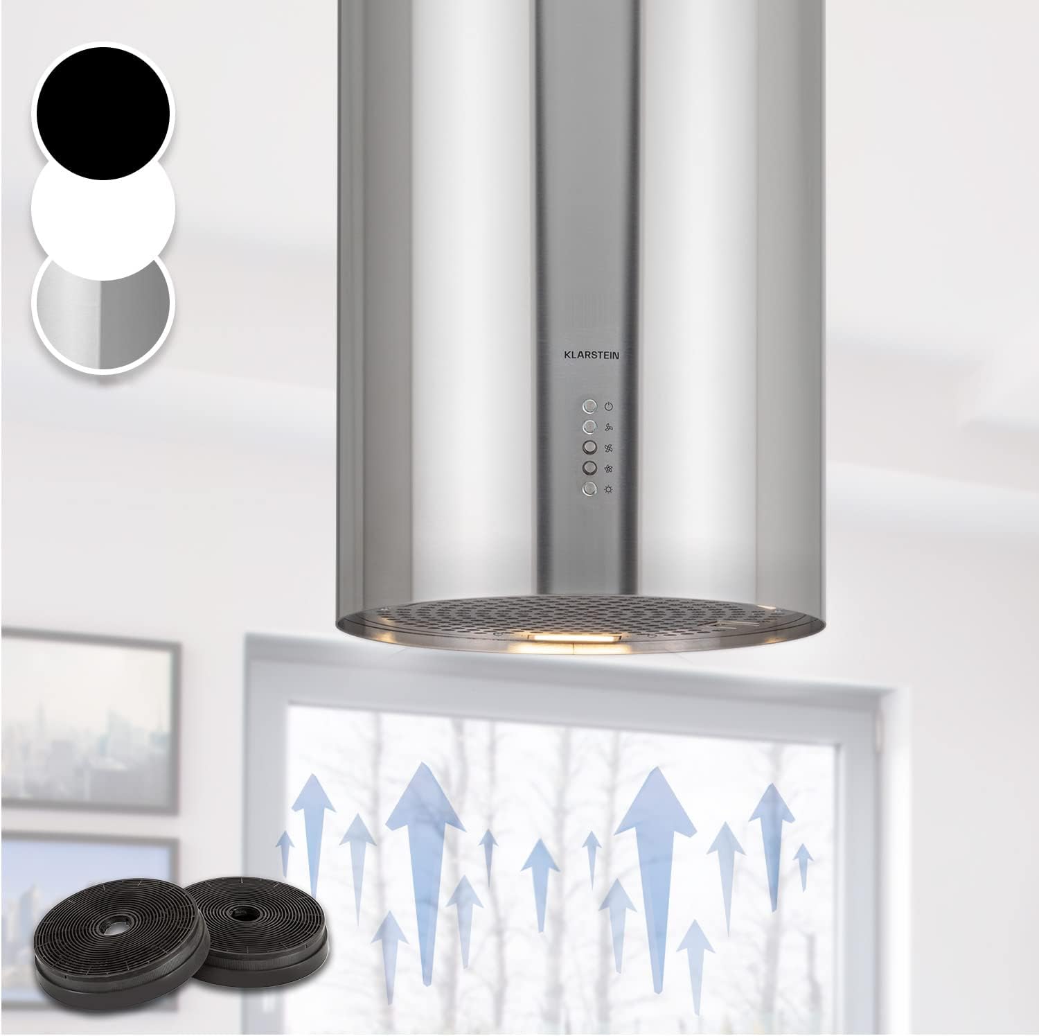 Klarstein Hanging Island Cooker Hood, Extractor Fan for Kitchen Islands, 600m³/h Airflow, Timer, Adjustable Kitchen Extractor Fan w/Pipe Design, Timer, 3 Mode Cooker Hoods, Activated Carbon Filters