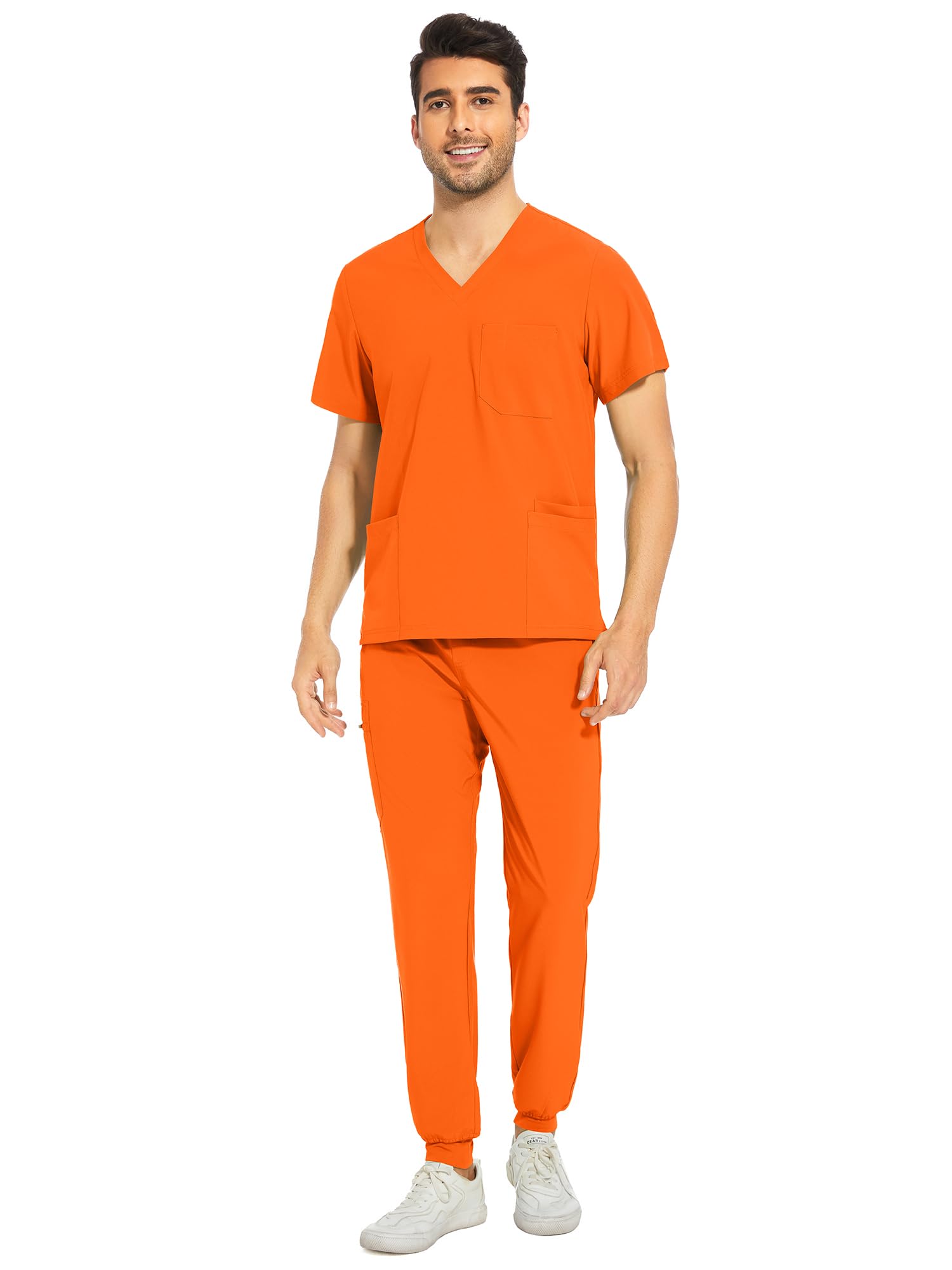 COZYFIT Men Scrubs Set - Stretch V-Neck Scrub Top Jogger Pant with 8 Pockets Yoga Waistband Anti-Wrinkle Scrubs