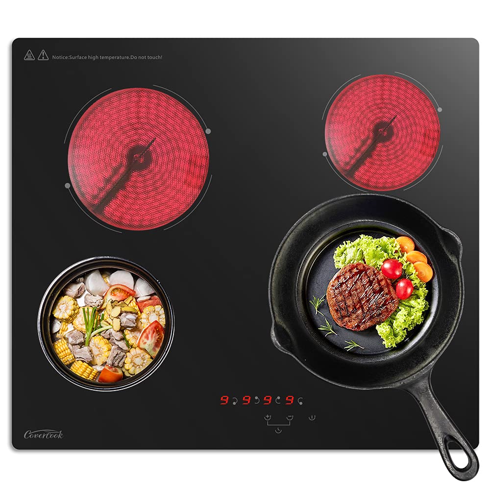 COVERCOOK Electric Ceramic Hobs 60cm Cooktop, Built-in Hot Plate Black Glass Cooker Hob, 4 Cooking Zones Countertop with Touch Control, Timer, Child Lock, 6000W