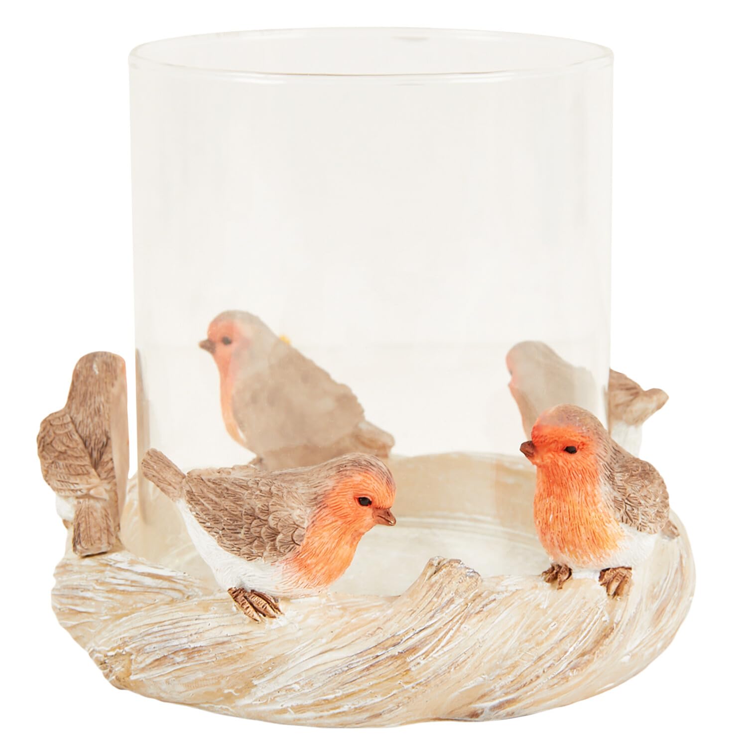 New Robin Candle Holder – Brown Glass Cylindrical Tealight & Votive Candle Holder with Five Robin Figurines, Decorative Tabletop Ornament 13cm N-72 (Robin Candleholder)