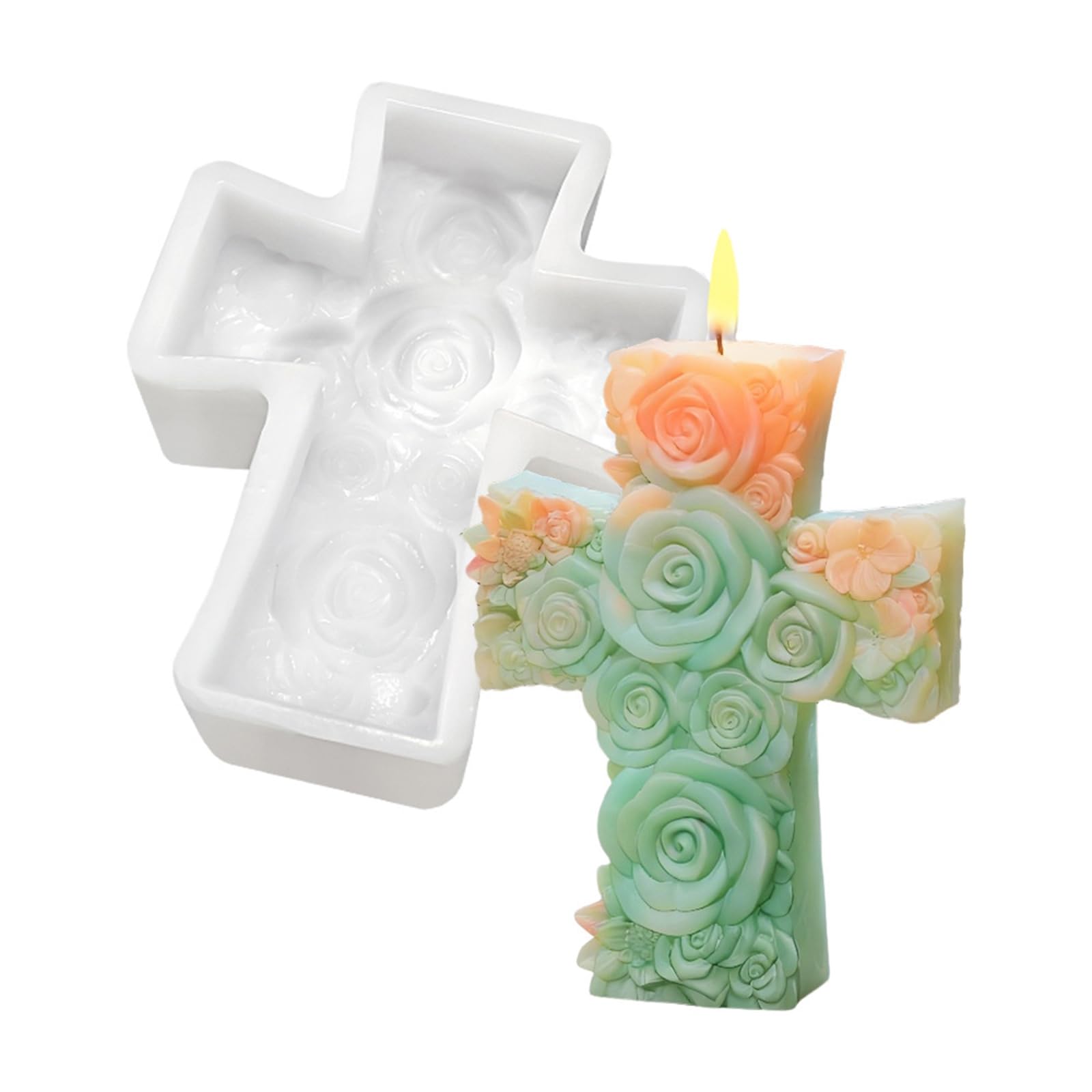 Stiesy Cross Candle Moulds, Rose Flower with Cross Shape Silicone Mold 3D Resin Epoxy Casting Molds Scented Aromatherapy Candle Making Mould for DIY Wax Soap Crafts Gypsum Home Decor Easter Gift