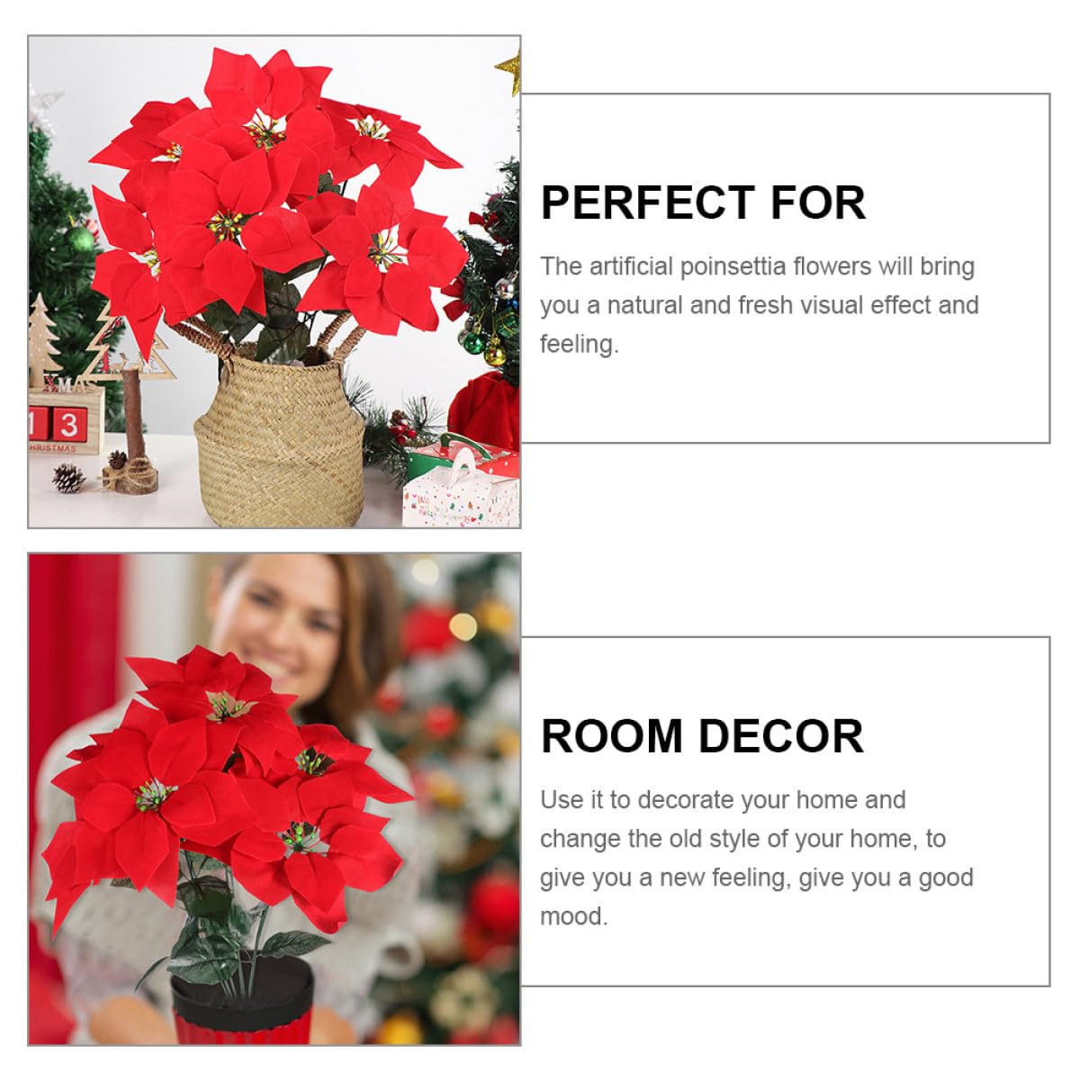 Künstlicher Weihnachtsstern 4 Stück mit 7 Köpfen Realistische Kunststoffpflanze für Weihnachtsdekoration Innen und Außen Langlebiger Poinsettia Strauß für Wohn und Arbeitsräume