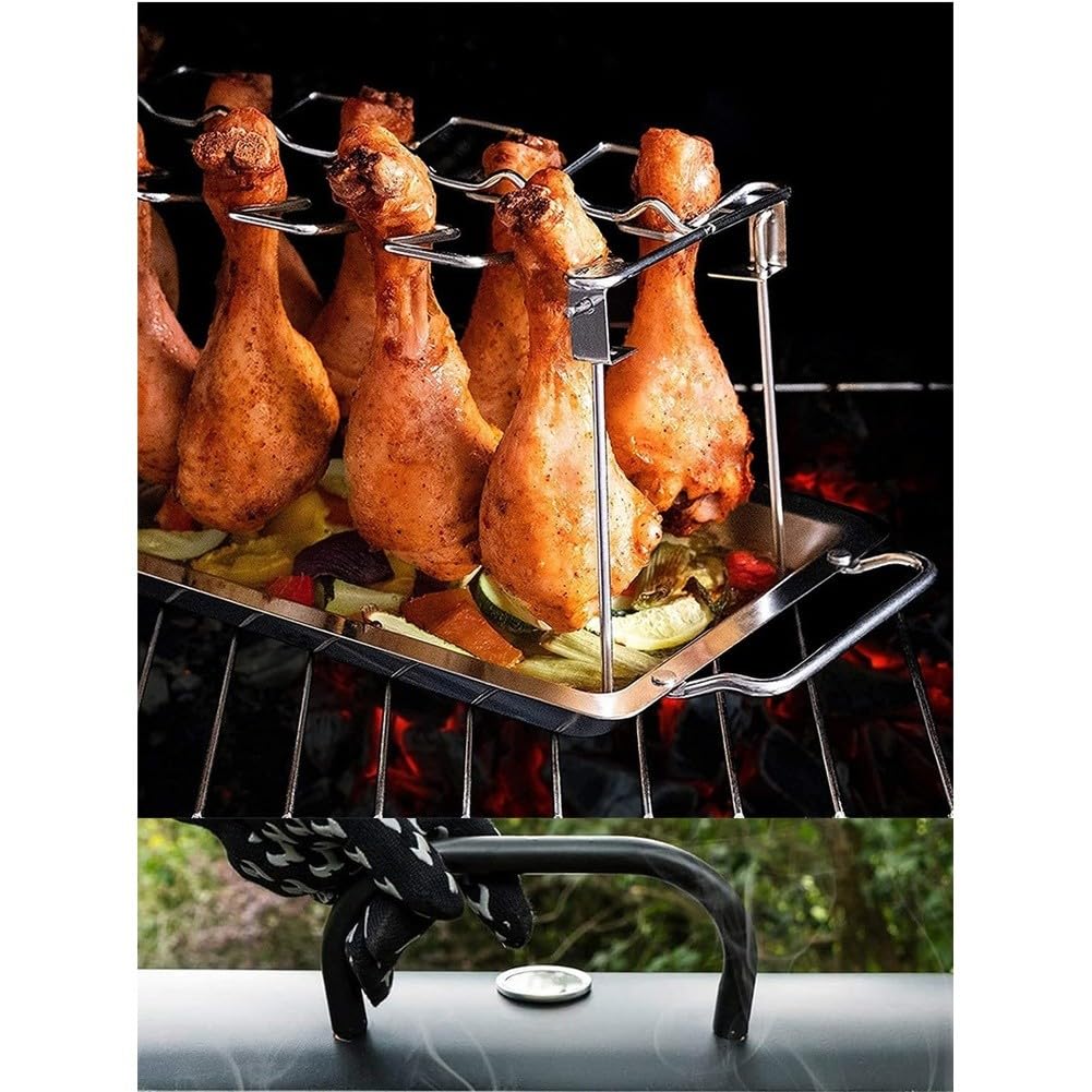 Stojak na skrzydełka z kurczaka ze stali nierdzewnej ze zdejmowanym grillem, składana konstrukcja do grillowania, antypoślizgowe rowki i uchwyty omiczne, idealny do ud kurczaka i przedmiotów