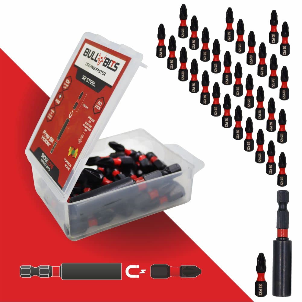 30x Bull Bits 25mm PZ2 Impact Screwdriver Bits Set – Pozi Pozidriv, Shock Zone, S2 Steel, Torsion Zone, Magnetic Bit Holder