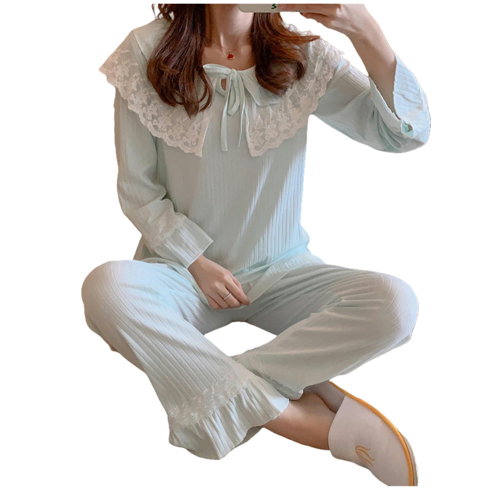 Pigiami da Donna Le Maniche Lunghe per Pigiami da Donna di Primavera E Autunno di Cotone Sono Sottili Vestiti per La Casa in Pizzo in Pizzo in Pizzo da Donna in Pizzo-d-XL