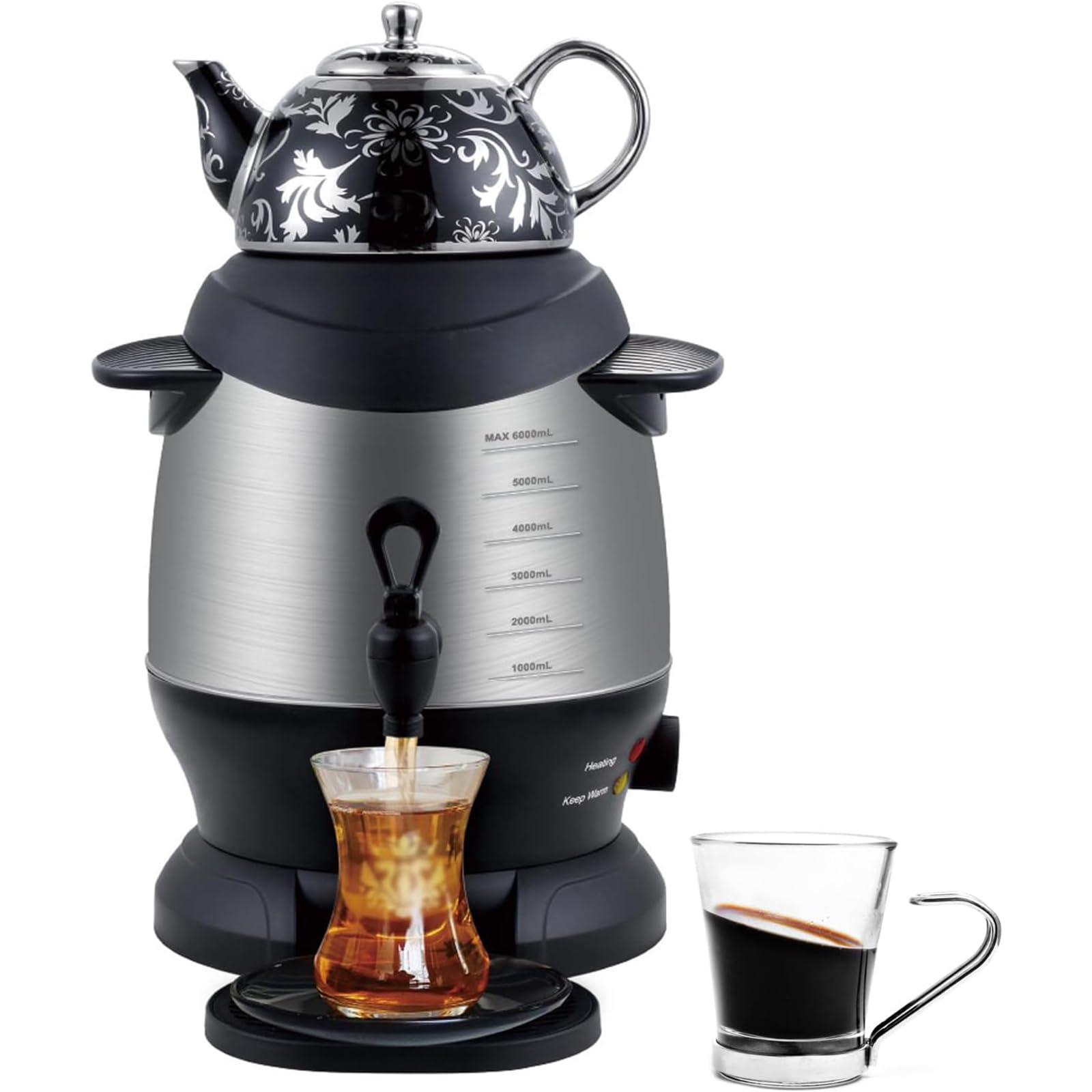 Adtzpc 1350W Electric Samovar, 6L Stainless Steel Double Pot Kettle Infuser With Anti Scald Handle, 5L Kettle and 1L Teapot Capacity & Keep Warm Function, for Russian and Turkish Tea Enthusiasts