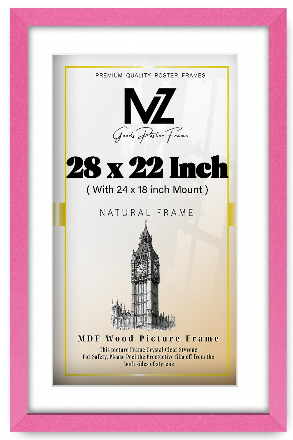 MZ GOODS | MDF Artistic Wall Hanging Frame (60.96 x 45.72 cm) with 45.72 x 30.48 cm White Mount Engineered Wood | 24x16 Inch Certificate, Diploma, Modern Décor Frame [ Pink ]
