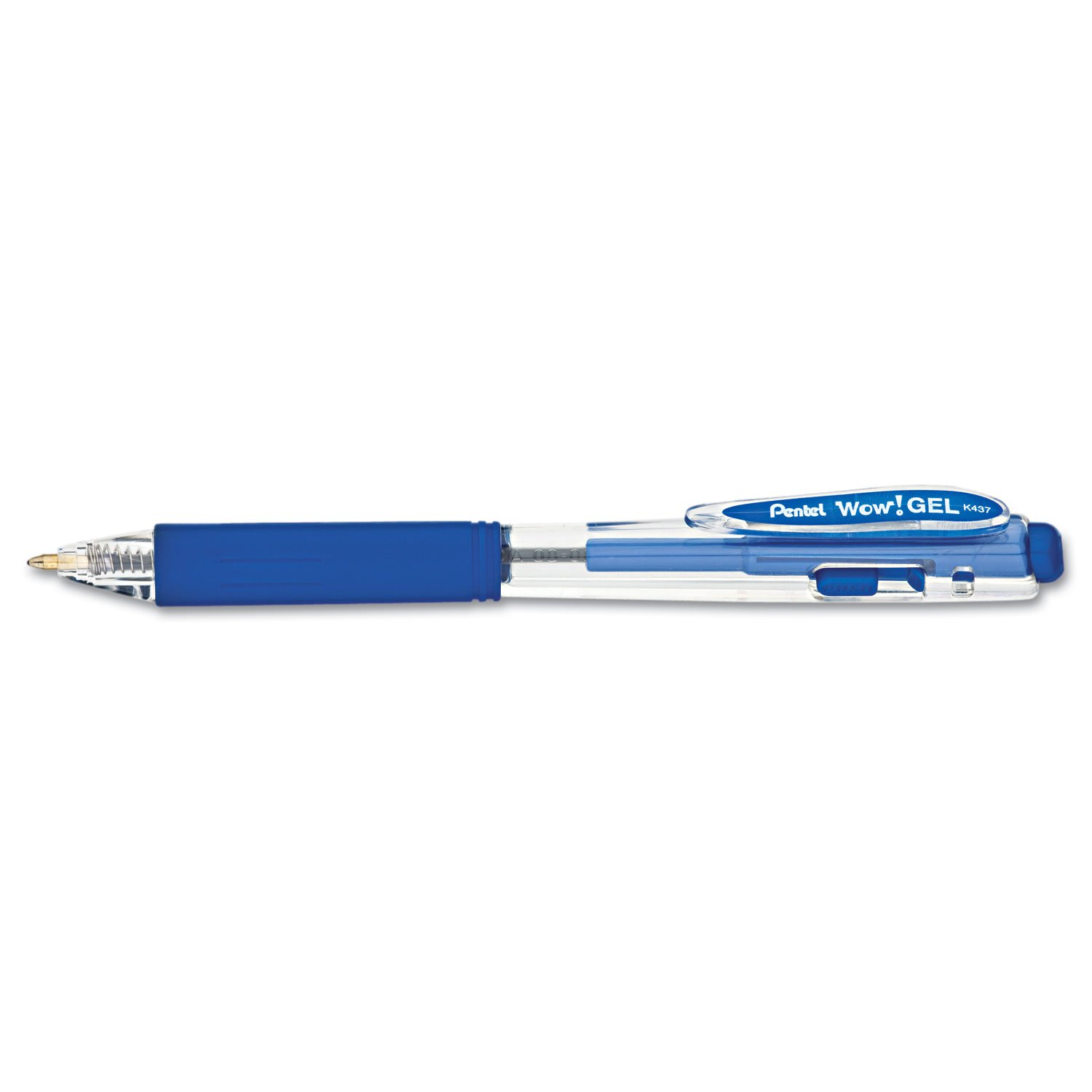 Pentel K437C WOW! Retractable Gel Pen, .7mm, Trans Barrel, Blue Ink, Dozen