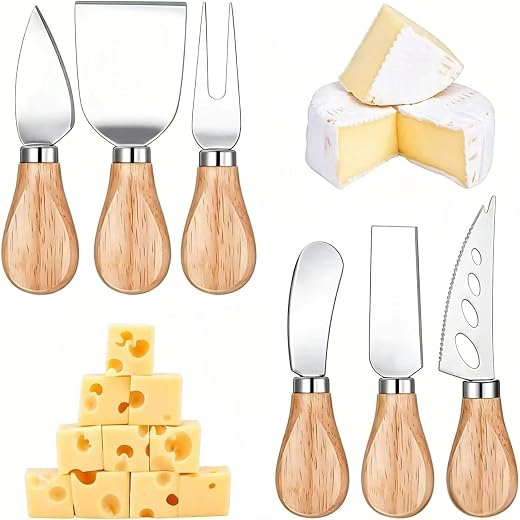 6 Pcs Cheese Knives Set with Wooden Handle, Mini Steel Stainless Cheese knife set for Charcuterie and Cheese spread, Perfect for Cheese Slicer and Butter Cutter
