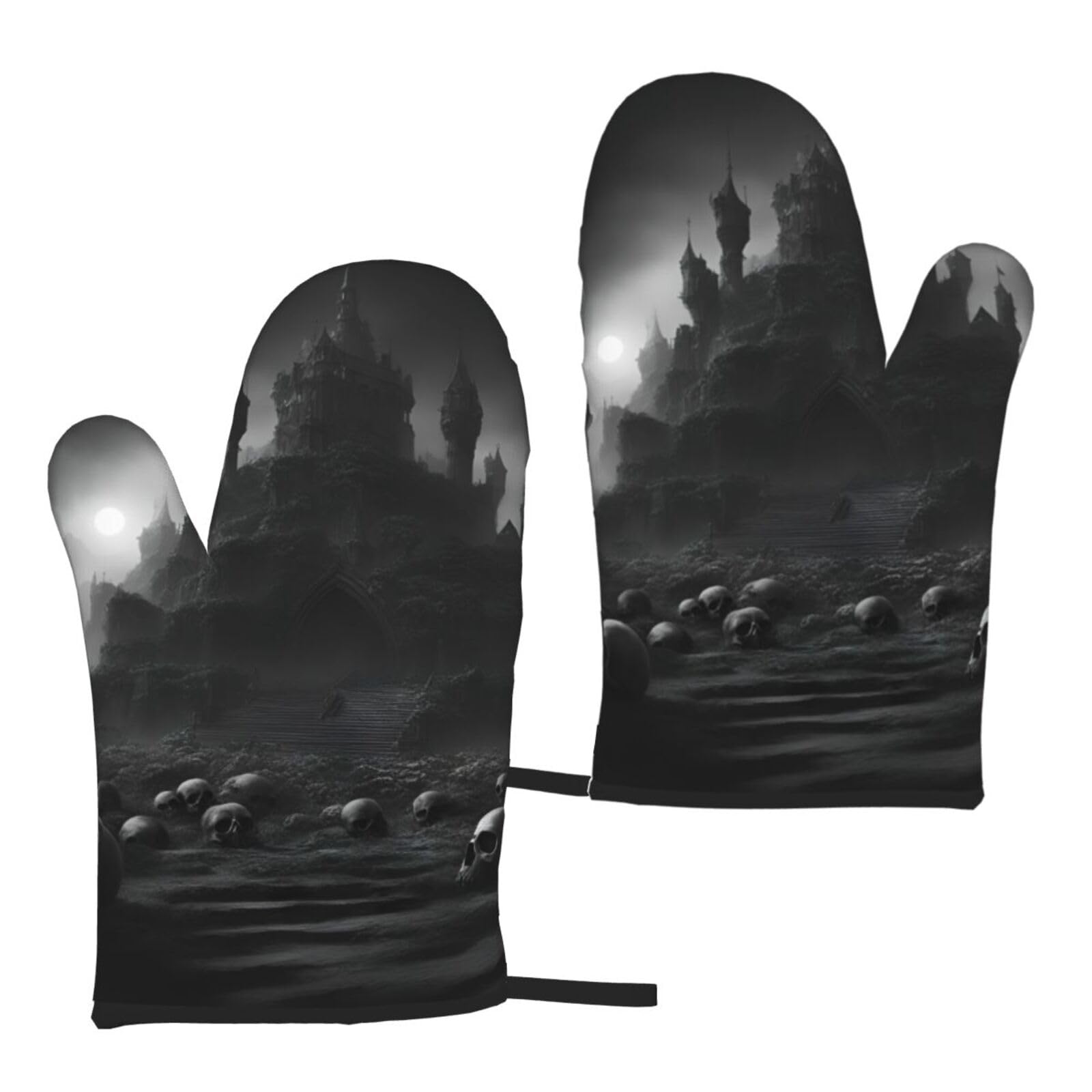 Nimongt Women's Black And White Skulls 1 Print Adults Universal Fit Heat Resistant Oven Gloves Reusable Cooking Outdoor Grilling