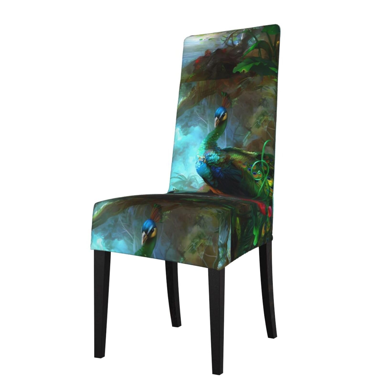 Hjfczh Black Colorful Peacock Prints Dining Chair Throw Covers – Stretchy Spandex Furniture Layers For Refreshing Your Space - No Ironing Needed