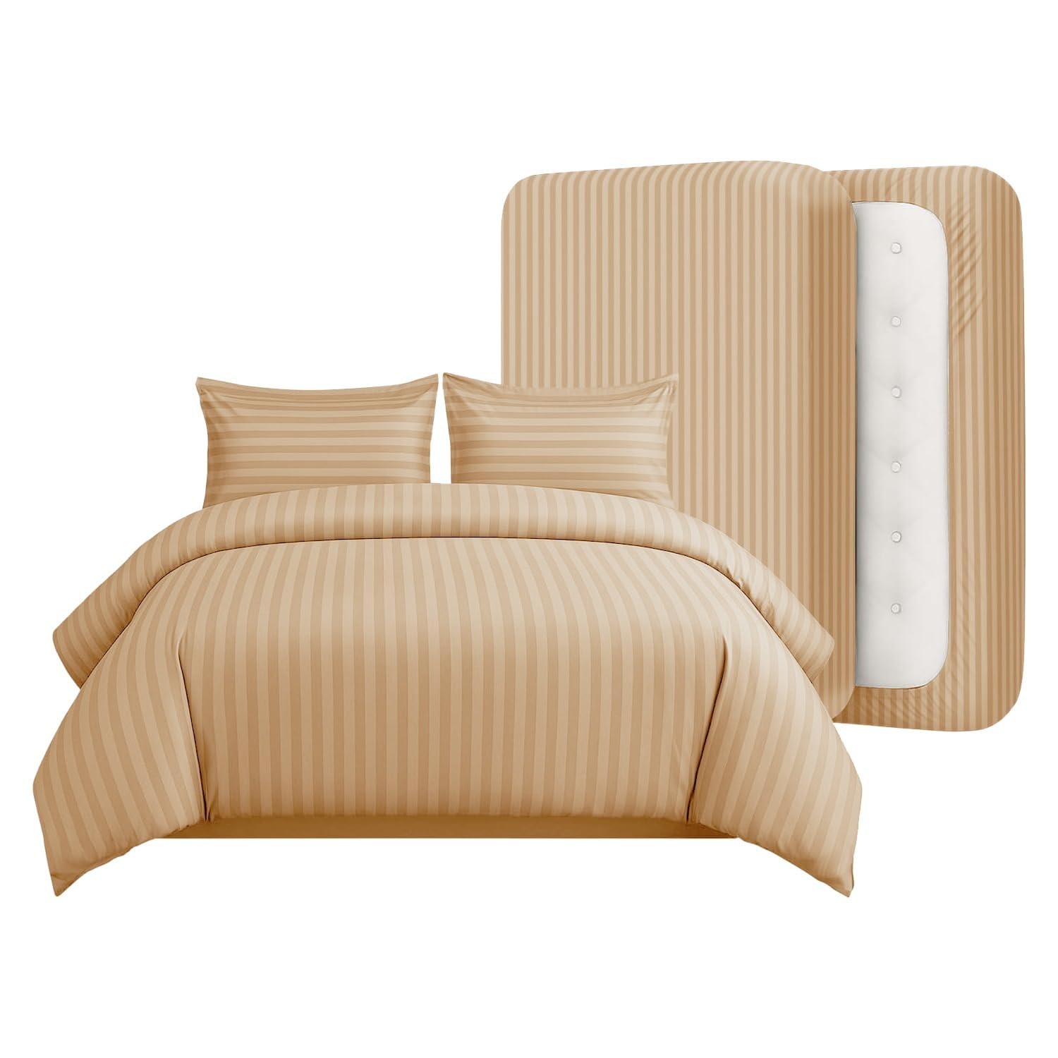 Casabella Duvet Cover Sets - 4 Pc Luxury Double Duvet Brushed Microfiber Duvet Full Set - Duvet Cover, Fitted Sheet & Pillowcase 2 Pack - Soft & Durable Double Duvet Set - Stripe Beige Bedding — image 1