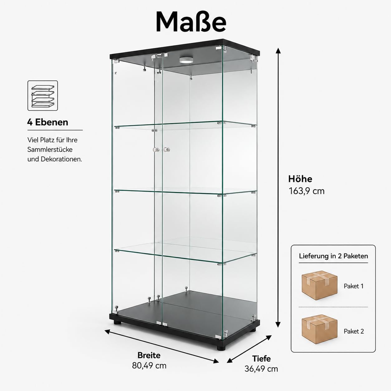 Vitrina de cristal con LED, vitrina de coleccionista de pie con 2 puertas de cristal con cerradura y 4 estantes, vitrina transparente, para salón, oficina, coleccionables, libros, vino (negro)