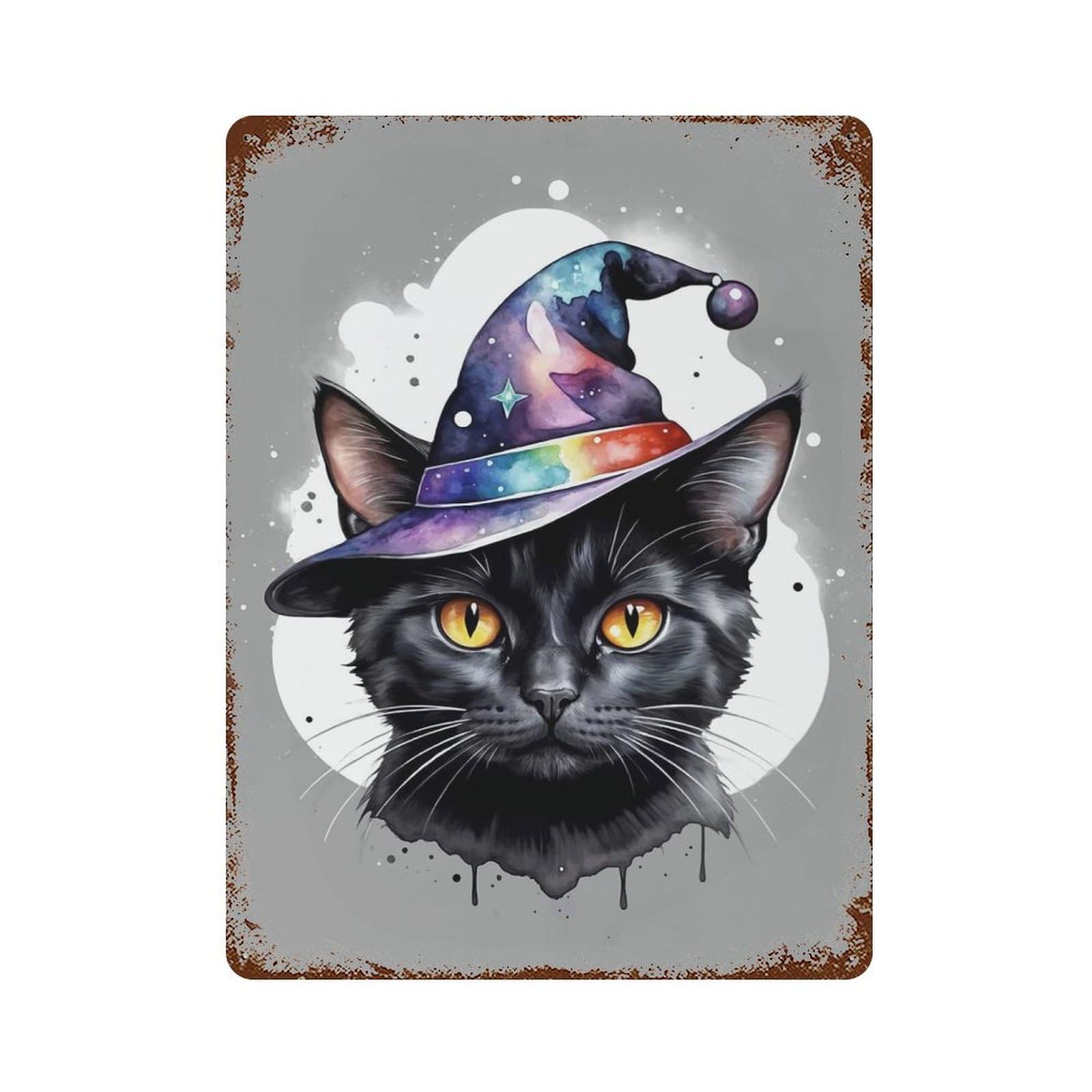 Black Cat Wizard Aged Metal Wall Plaque 15.7"x11.8", Farmhouse Wall Decor for Office, Studio And Wall Decor