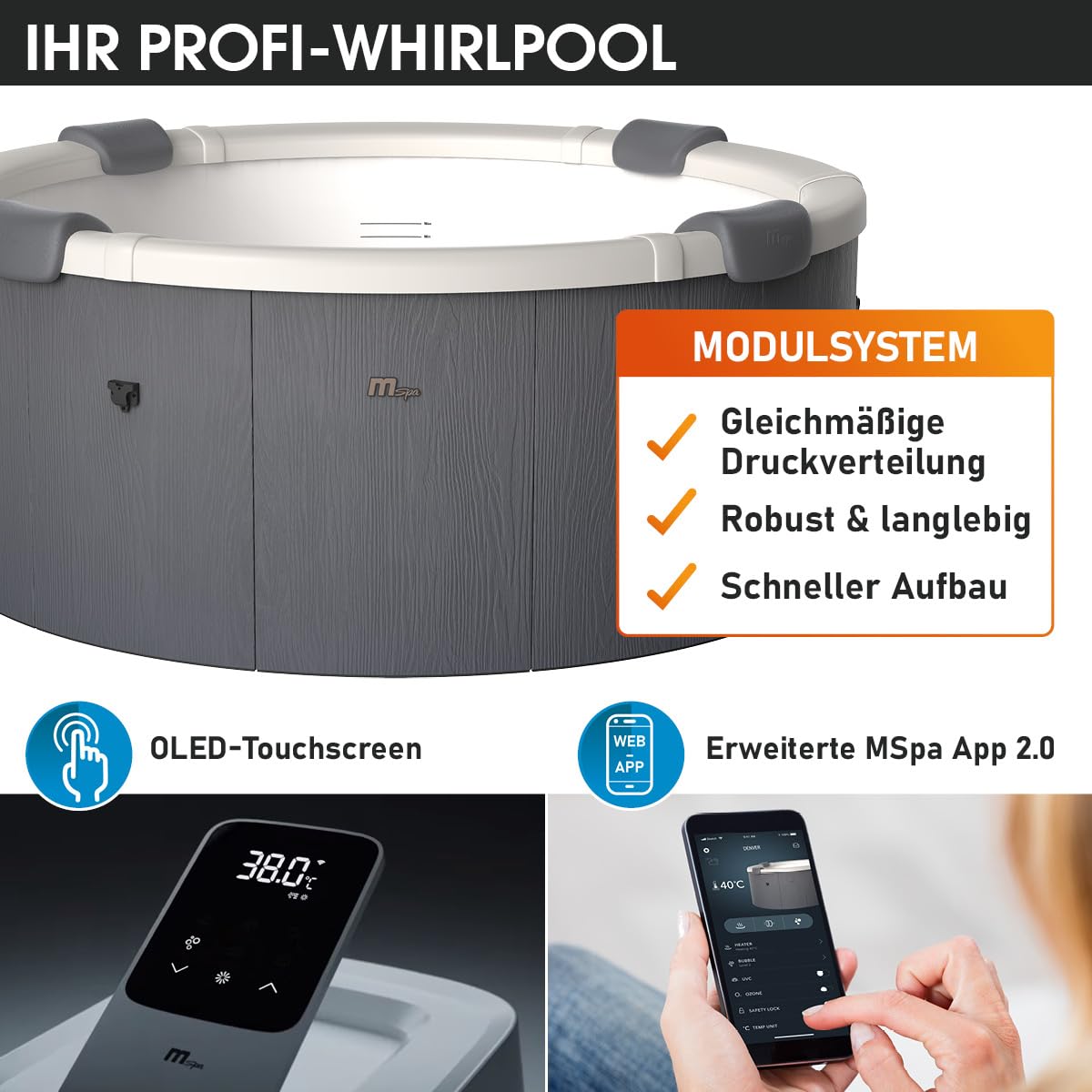 BRAST Whirlpool MSpa Denver mit Fester Außenwand | Ø182x70cm | LED-Beleuchtung mit 20 einstellbaren Farben für 6 Personen | 130 Massagedüsen | Ganzjähriger Einsatz Winterfest | In & Outdoor Pool