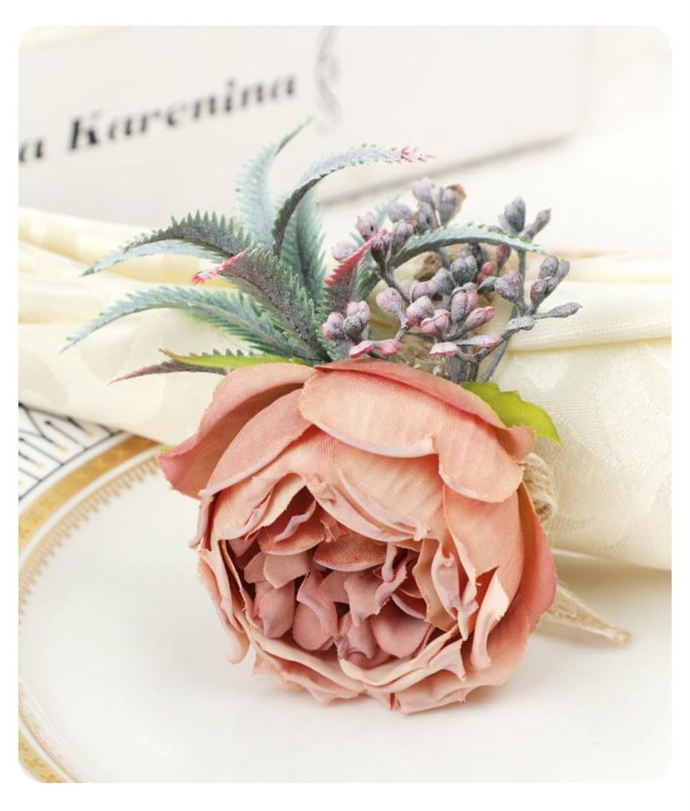 Pearl Napkin Rings Set of 6, Rustic Rose Napkin Rings Flower Dinner Napkin Holder for Table Decoration