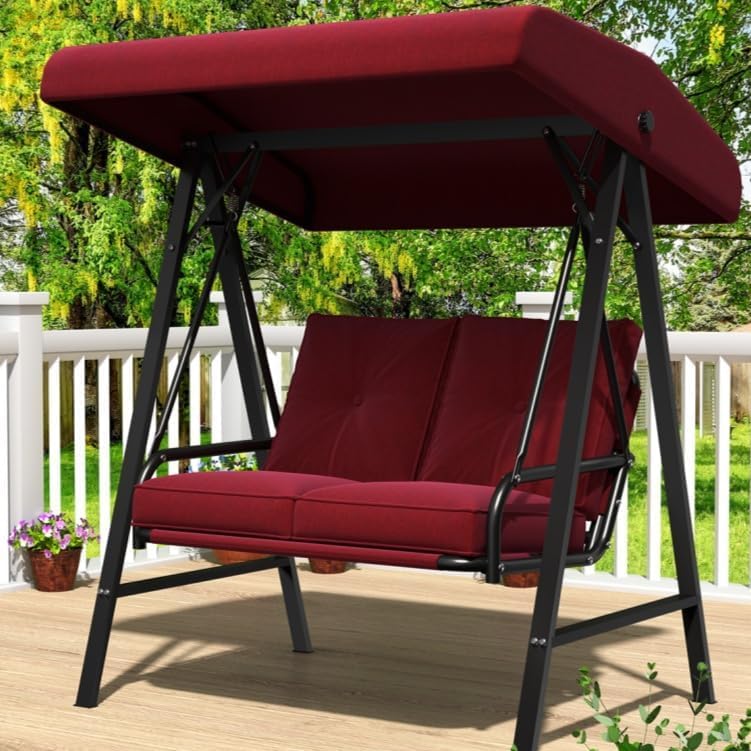 Image of AECOJOY 2-Seat Outdoor Patio Swing Chair with Adjustable Canopy, Porch Swings Chairs for Adult, Outside Swing Bench with Removable Cushion, Suitable for Backyard, Garden, Yard, Poolside, Balcon (Red)