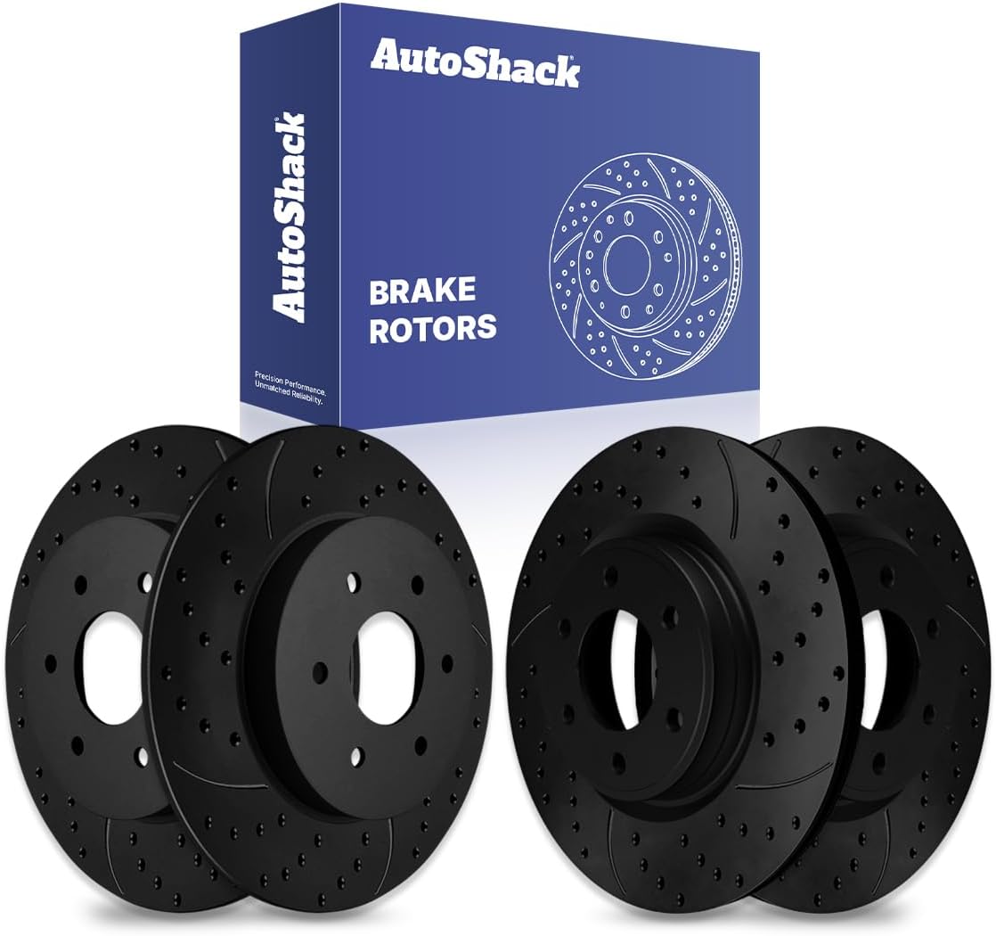 AutoShack Front & Rear Brake Rotors for Nissan & INFINITI, Armada 2007-2015, 2017-2019 TITAN 2007-2015 QX56 2007-2010, 4WD RWD AWD V8 5.6L - E-Coated Drilled & Slotted - Black Finish - NightGuard