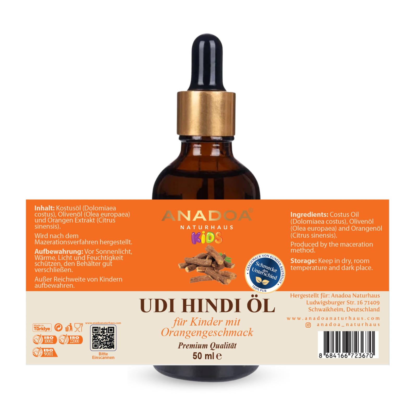 Anadoa Udi Hindi Öl für Kinder mit Orangengeschmack 50 ml | Qust al Hindi & Costusöl (Dolomiaea costus) | Kaltgepresstes Naturöl mit Olivenöl | Für sanfte Kinderpflege & Aromatherapie