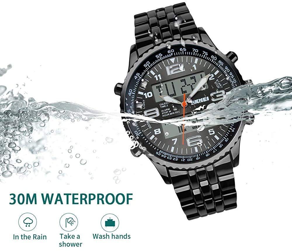 MASTOP Reloj de pulsera para hombre, digital, deportivo, resistente al agua, con cronógrafo de doble hora, alarma, retroiluminación, acero inoxidable, relojes de negocios para hombre
