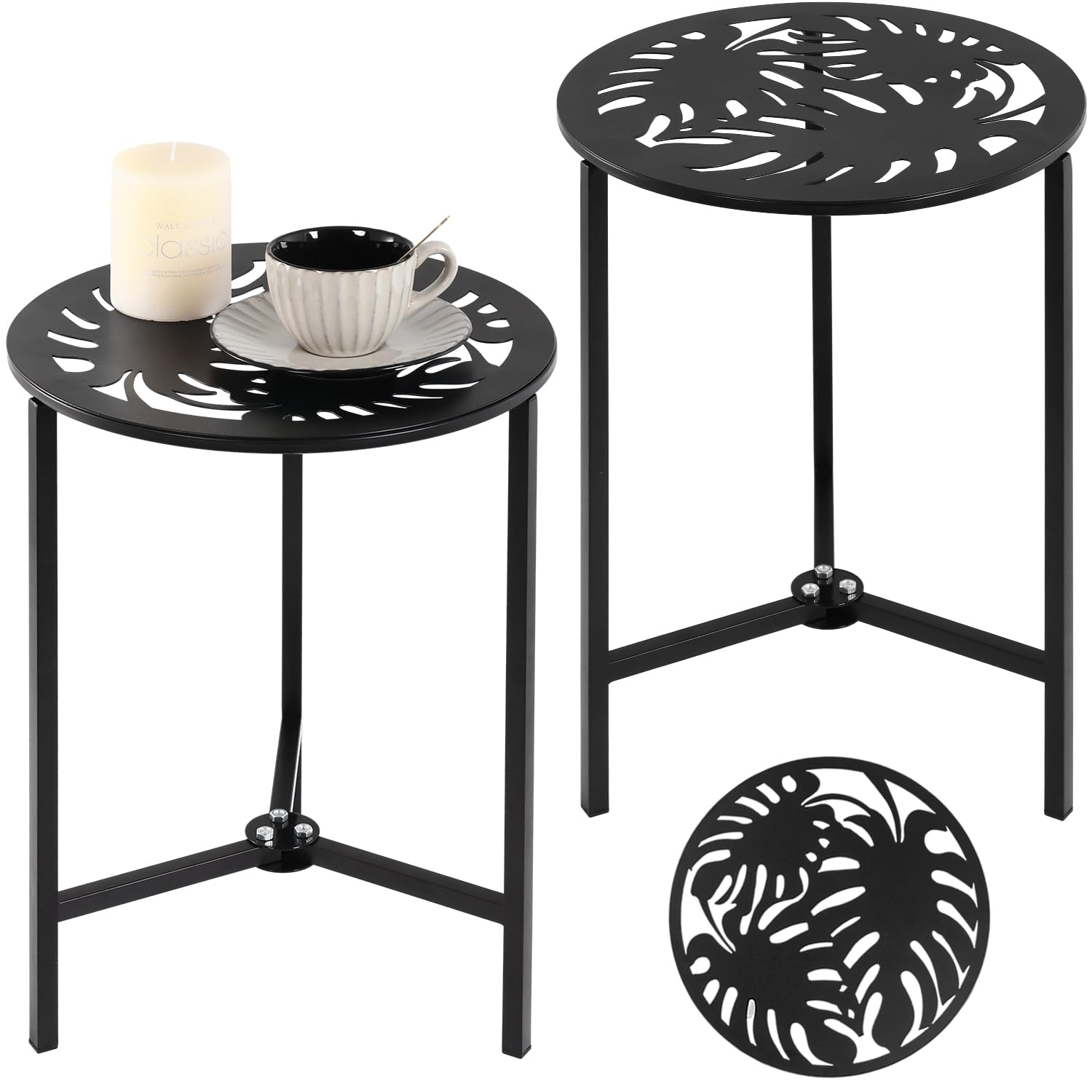 Party Zealot Set of 2 Small Round Metal Side Tables, 13-Inch Black Outdoor End Tables for Patio, Balcony, Porch or Garden – Weather-Resistant Corner Coffee Table for Small Spaces & Indoor Plant Stand