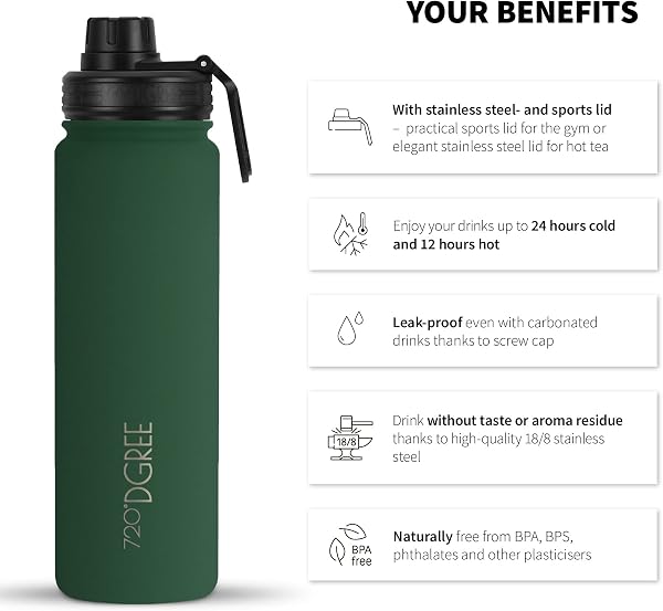 720°DGREE Borraccia Termica “noLimit“ 410ml, 530ml, 710ml, 950ml, 1200ml - Senza-BPA, Acciaio Inox, Doppia parete, Prova Perdite anche per Acido Carbonico - Borraccia Termos +Tappo Sportivo Gratuito - 2