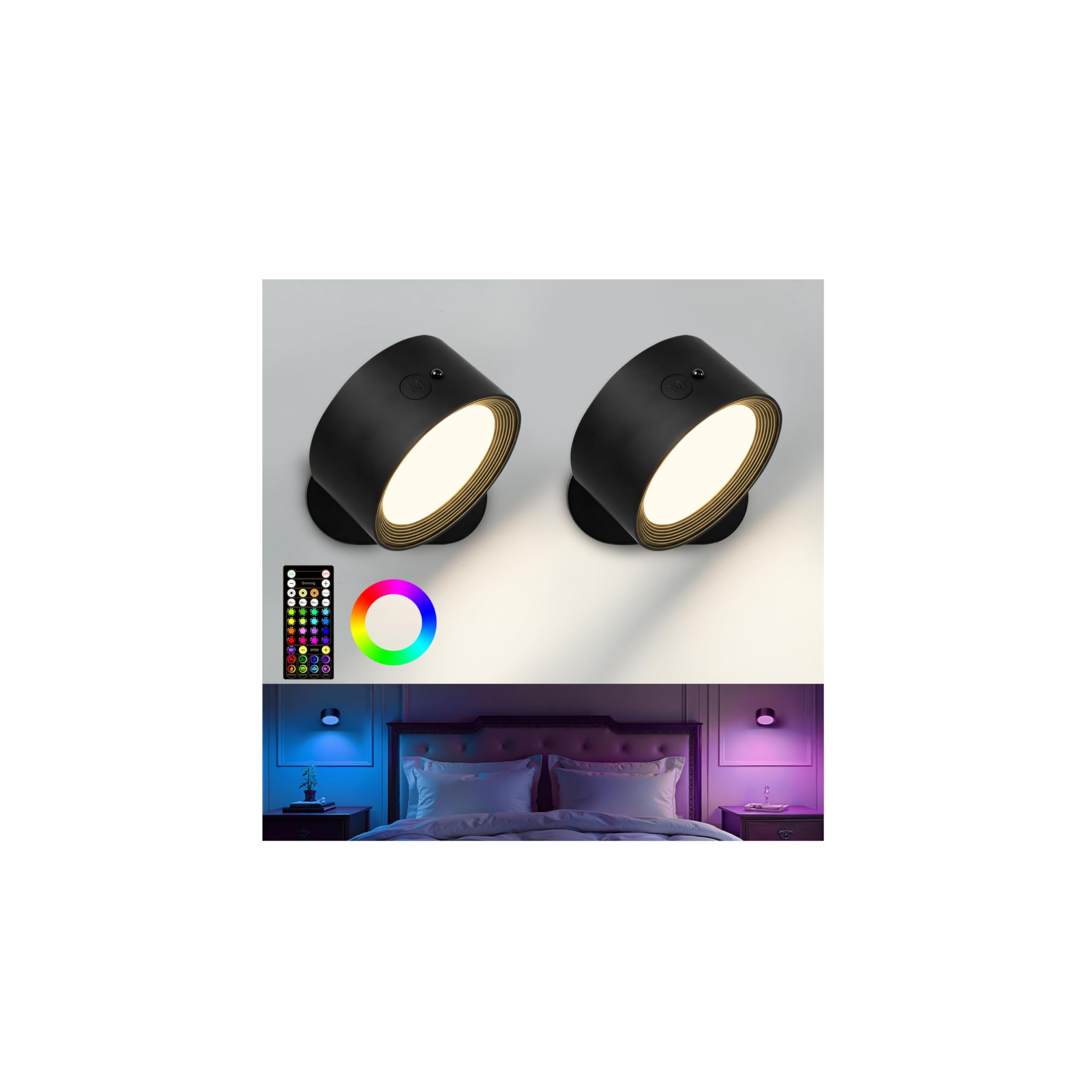 EZVALO RGB Wall Lights, 80 Colours Dynamic Changing, 2000mAh Rechargeable Indoor Lamp, 3 Colour Temperatures, Remote & Touch Control, 360° Rotatable Dimmable Cordless Light for Bedroom Living Room