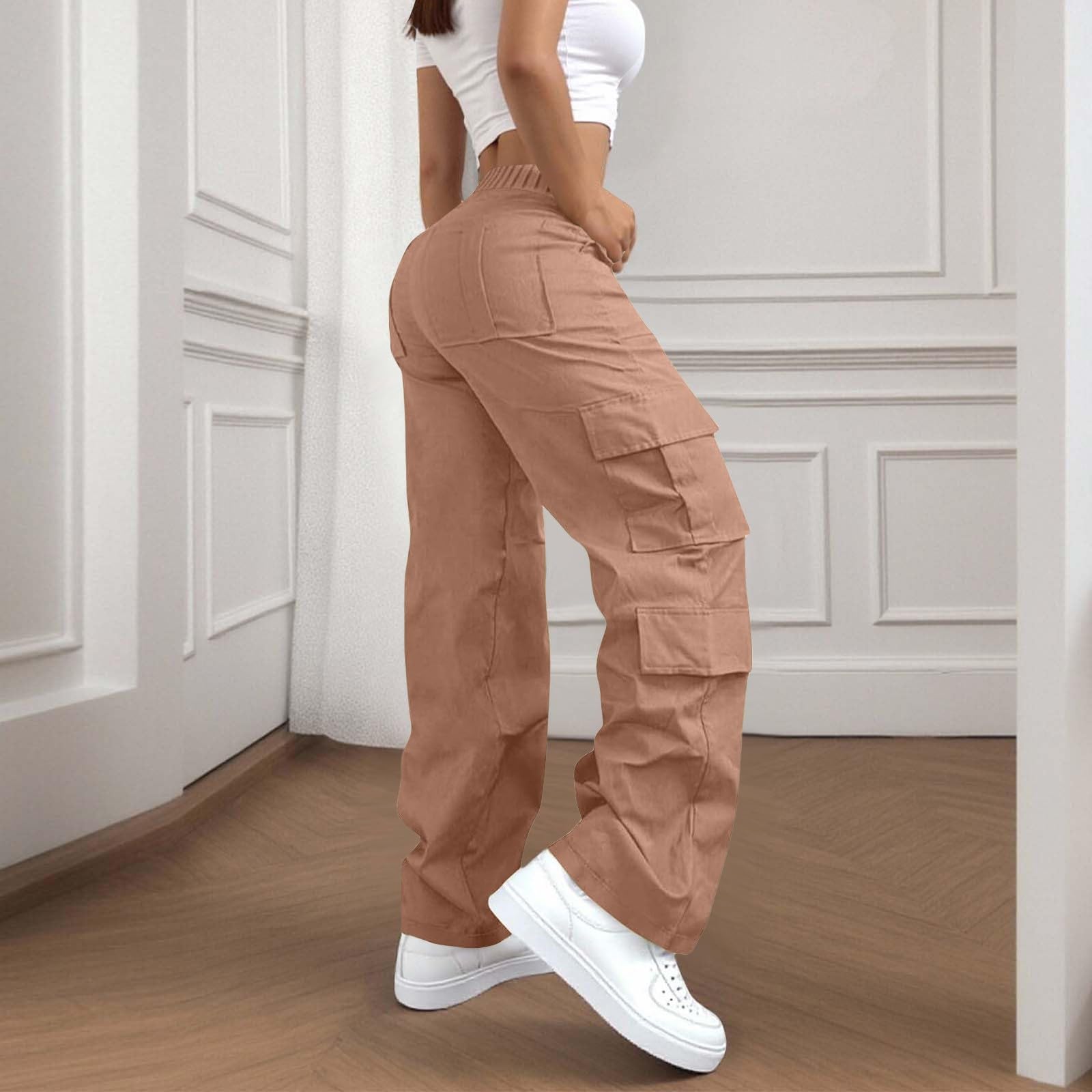 Damskie rozciągliwe spodnie cargo z szerokimi nogawkami bootcut 6 kieszeni użytkowych workowate elastyczne wysoki stan luźny krój rozkloszowane spodnie turystyczne spacery spodnie bojowe na co dzień