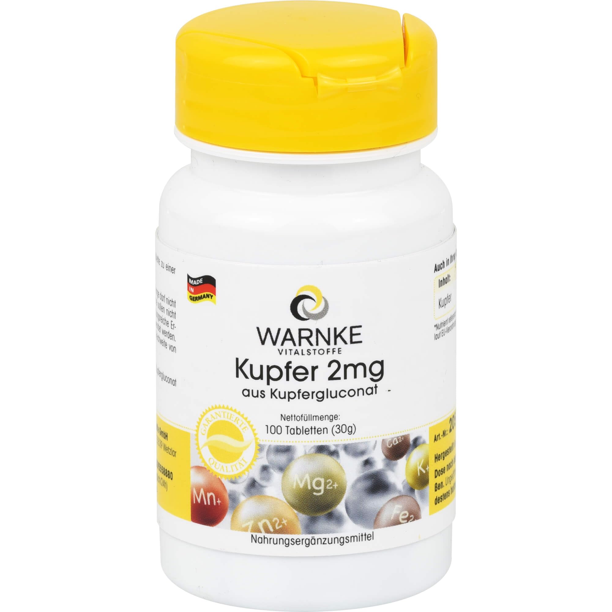 Rame 2mg integratore - Gluconato di rame - 100 compresse - Sostanza pura | Warnke Vitalstoffe - Qualità da farmacia tedesca