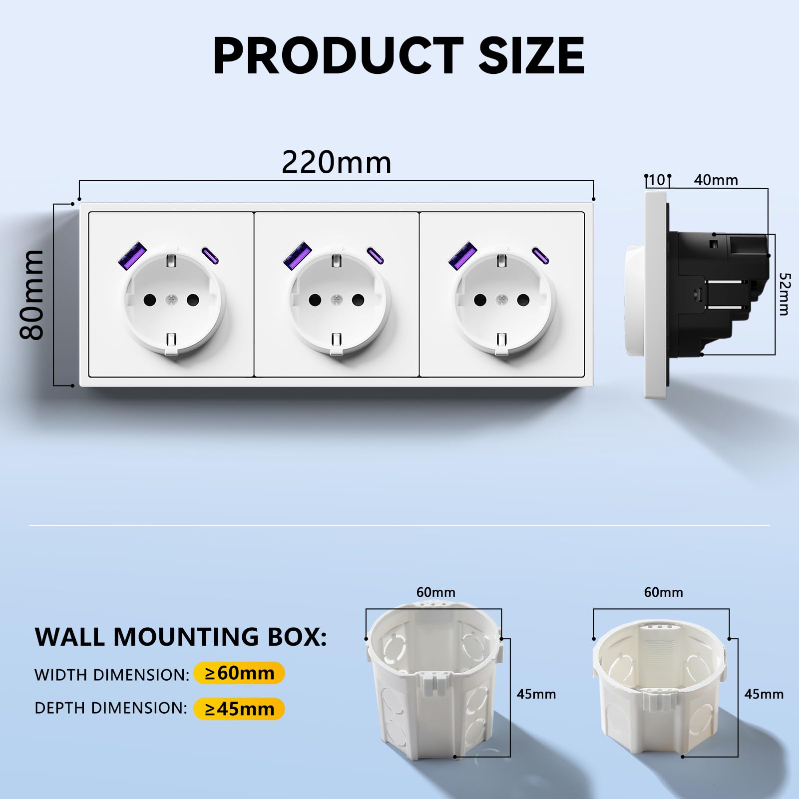 Prise Schuko Encastrée Norme UE,Prise Murale 16A avec Cadre en PC,Charge Rapide avec Port de Type A/C,Griffes Rabattables,Type F avec Terre,3 Voies 220 * 80mm Blanc