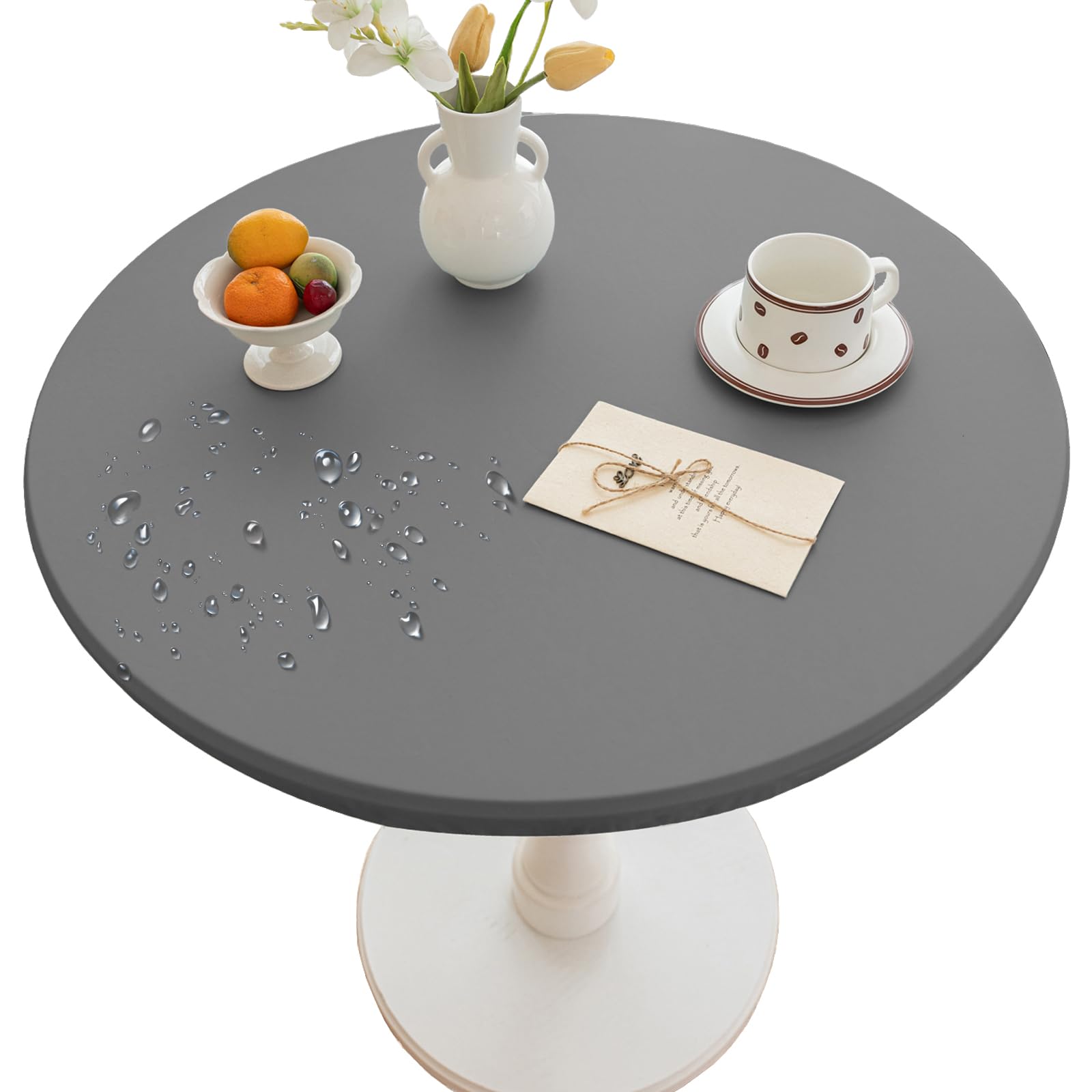 Thdsubb Round Tablecloth Leather Waterproof Tablecover Elastic Edged Fitted Table Protector Cover Wipeable for Home Picnic Party (Grey,140cm)