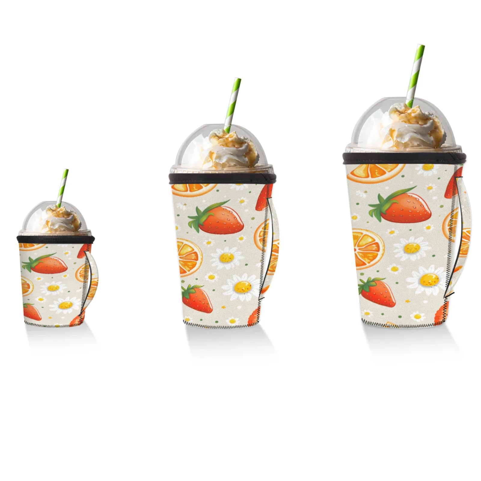 Orange Kiwi Strawberry Reusable Neoprene Coffee Sleeve with Handle Insulated Iced Coffee Cup Holder Reduces Condensation Fits 24-28 oz Cups M