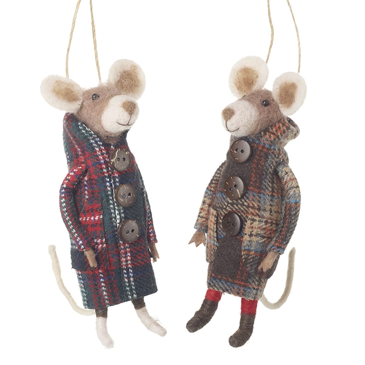 Heaven Sends Multicoloured Set Of 2 Felt Mice In Tartan Jackets Christmas Tree Decorations