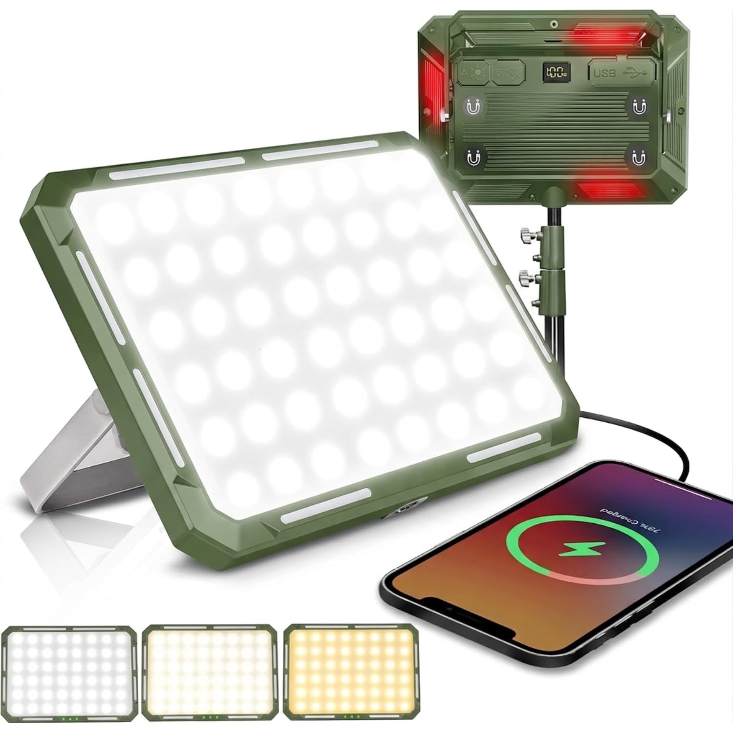 biyali 3500lm rechargeable led work light with 8000mah battery, cob flood light, magnetic base, hanging hook, 180° adjustable stand, type-c fast charging for camping, workshop & emergency use - 1pcs