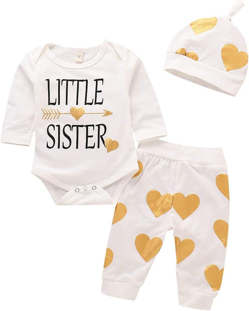 Infant Girl Clothes 3pcs Little Sister Onesies Romper Tops+ Floral Pants+ Hat Long Sleeve Bodysuit Baby Girl Summer Outfit Sets 12-18 Months