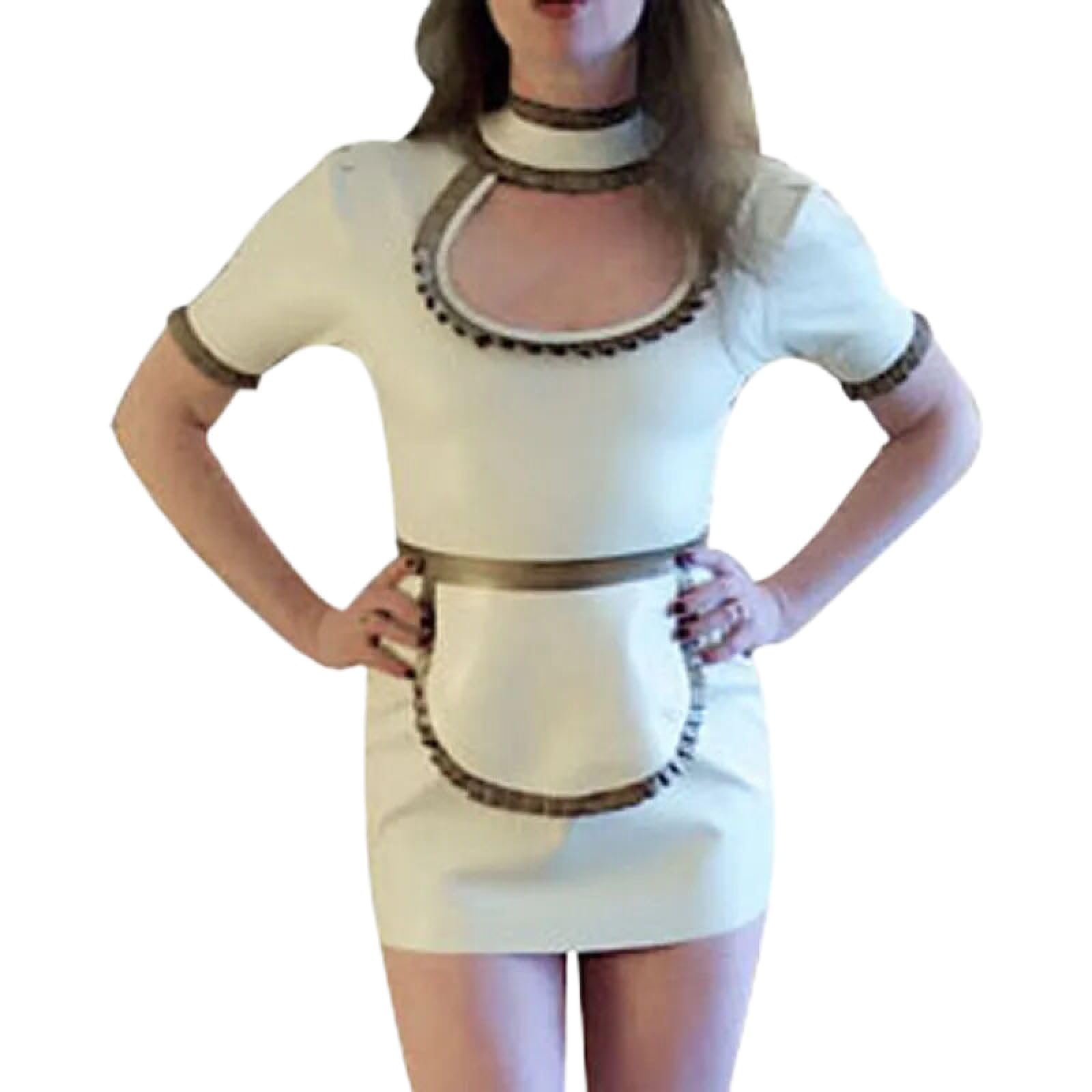 Mit und goldenem sexy Latex-Bleistiftkleid für französische Dienstmädchen mit Schürze, Reißverschluss hinten, Puffärmeln, Gummi-Uniform, figurbetonter Playsuit