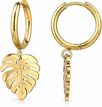Gold-Plated Stainless Steel Monstera Leaf Dangle Hoop Earrings, 12 mm Small Tropical Minimalist Hoops