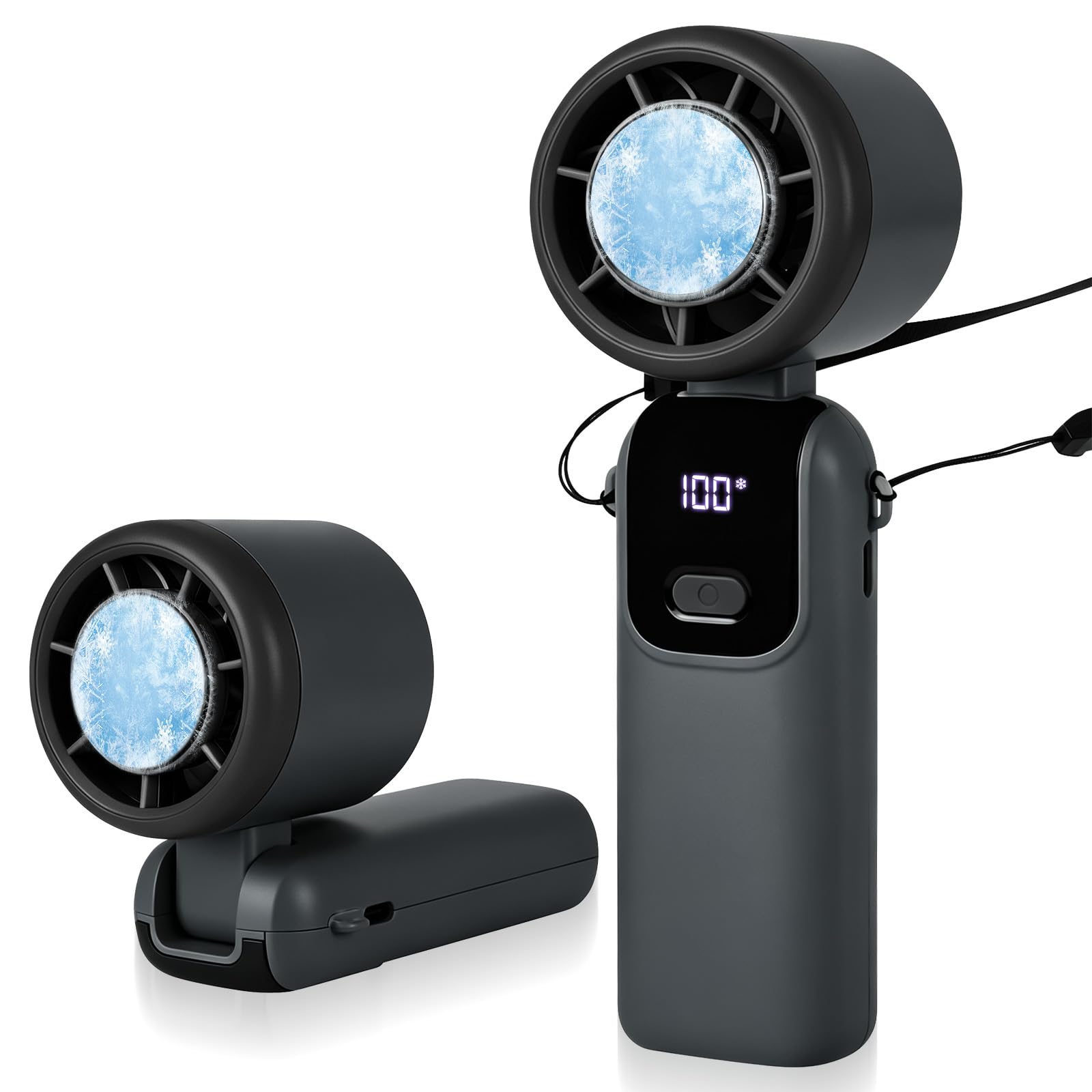 smtfcty Handheld Fan with Ice Cooling,4000mAh Rechargeable Portable hand held fans Mini Personal Hand Fan Foldable 3 IN 1 Desk Fans with LED Display for Home Office Bedroom Outdoor Travel (Black)