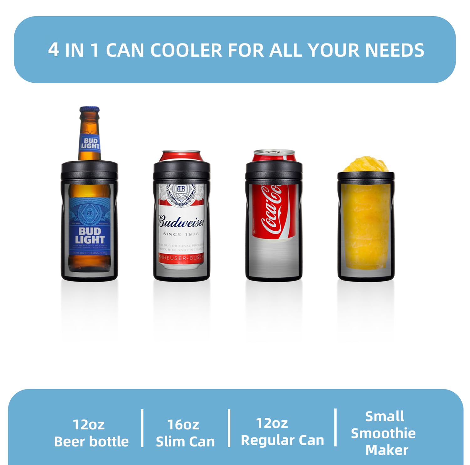 COKTIK Enfriador de latas aislado 5 en 1, paquete de 8 enfriadores de latas delgados de doble pared para latas regulares o delgadas de 12 onzas y 16 onzas y botella de cerveza (negro)