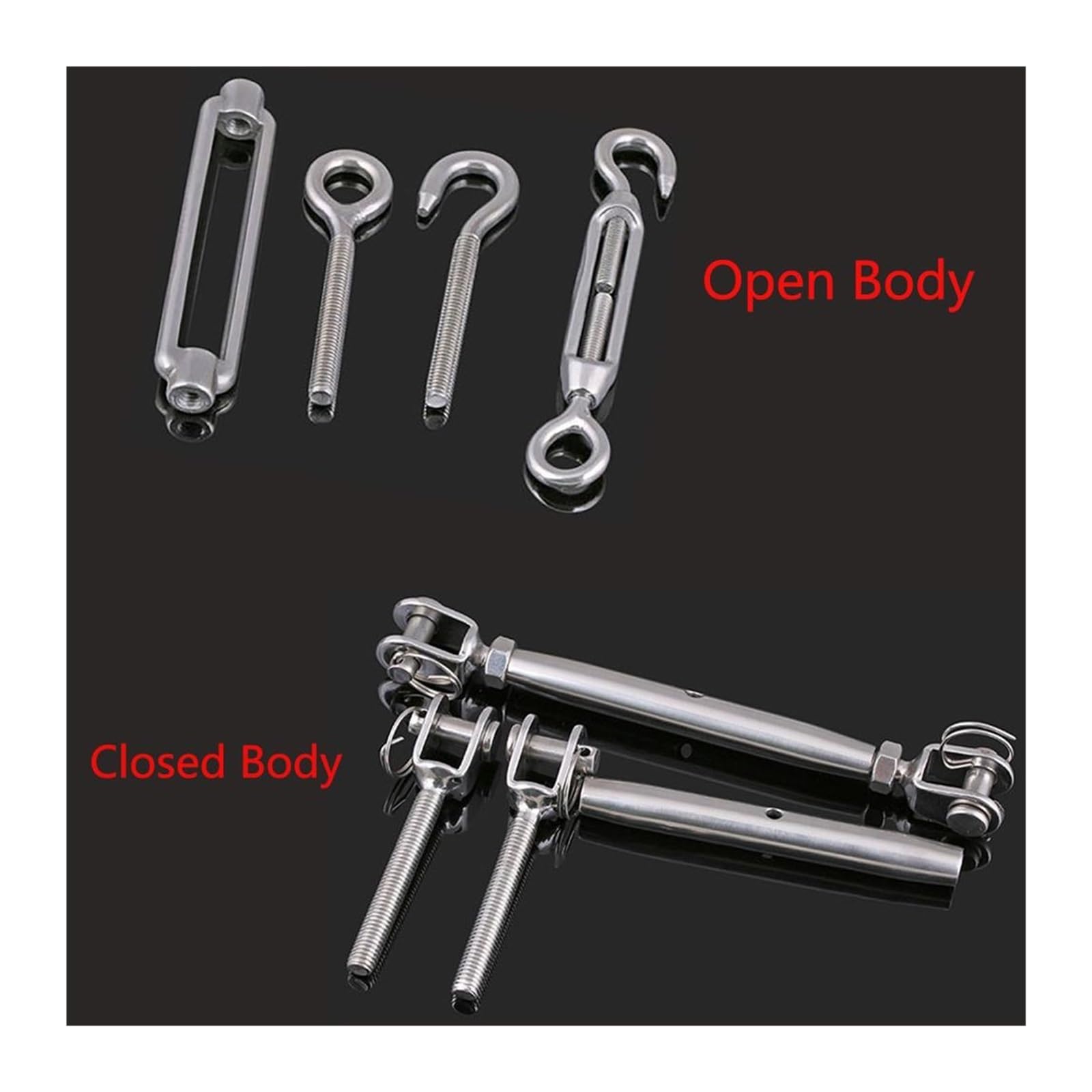 Tenditore a Vite per Cavi, Tenditore in Acciaio Inossidabile 304 Corpo Aperto e Chiuso Gancio for Barca Marino Occhio M4-M20 1 Pezzo(Open Body,M10)