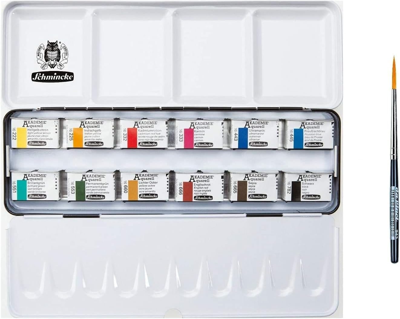 Schmincke Akademie Aquarellfarben 12 ganze Näpfchen im Metallkasten mit Synthetics Pinsel Reise