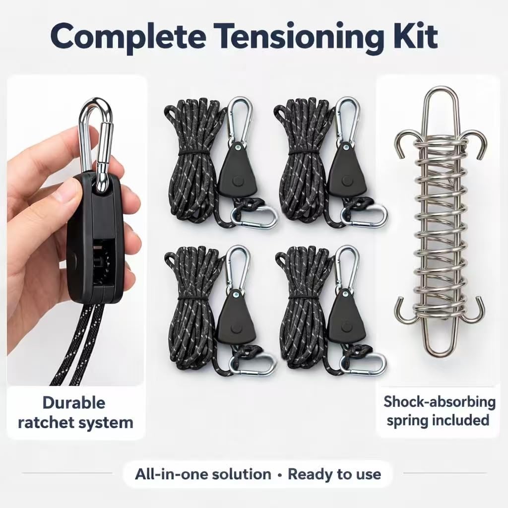 4er Spannseil Set mit Ratsche & Karabiner für Sonnensegel & Camping | Nylonseil mit Stahlhaken & Feder für Camper; ohne Knoten einhängen, spannen, lösen – für Zelt, Fahrrad, Gepäck & Pflanzen