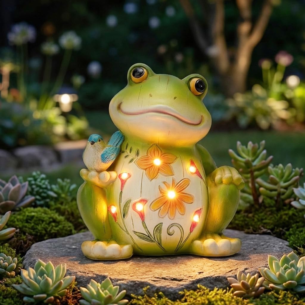 Outdoor Frog Sculptures,Solar Resin Garden Outdoor Statues,Mother's Day Frog Gifts Sculptures Decorations for Home Patio,Yard,Lawn, Porch, Ornament