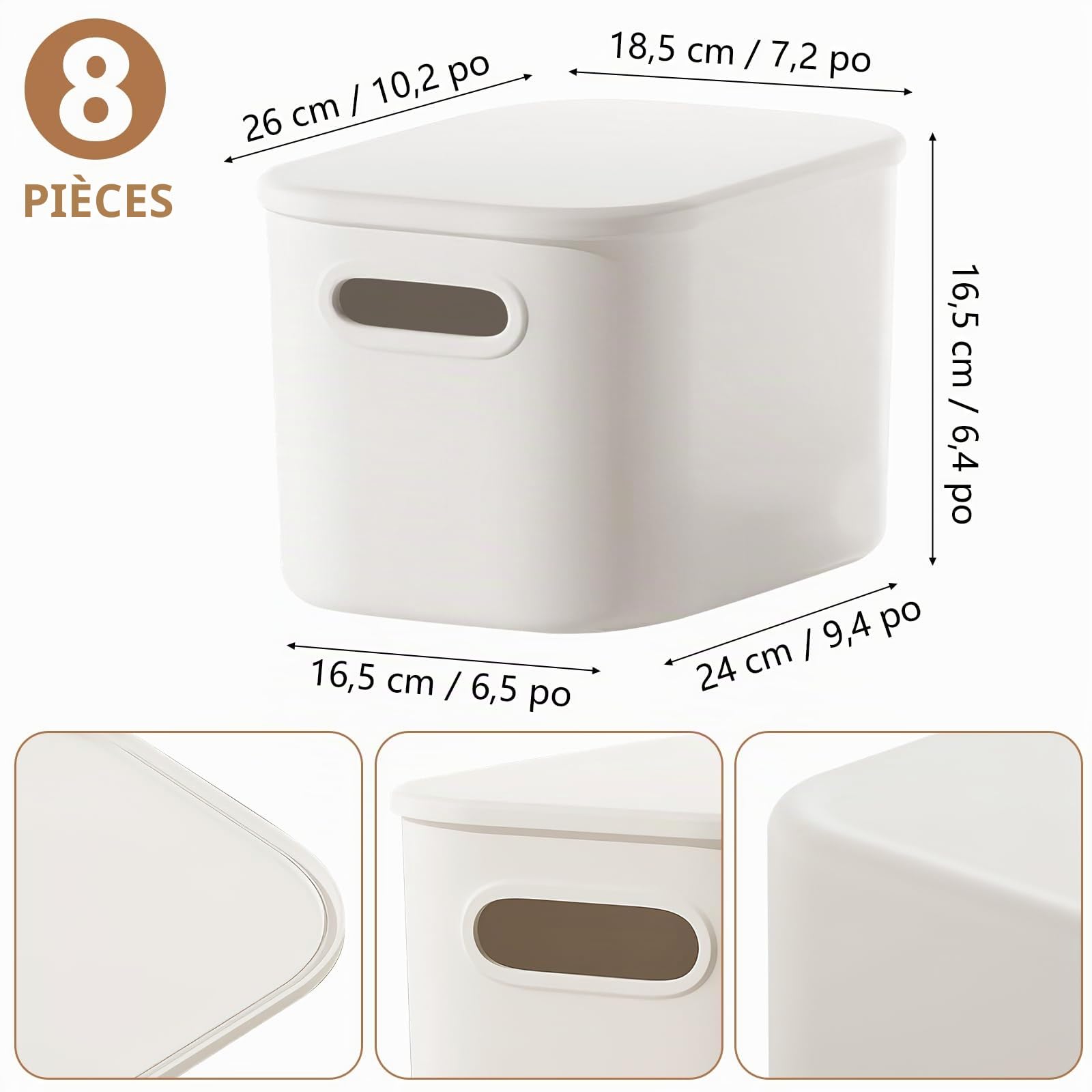 Lot de 8 Boîtes de Rangement avec Couvercle 8L - Bac de Rangement Blanc Empilable avec Poignées - Panier Organiseur en Plastique pour Cuisine, Salle de Bain et Placard (26x18,5x16,5 cm)