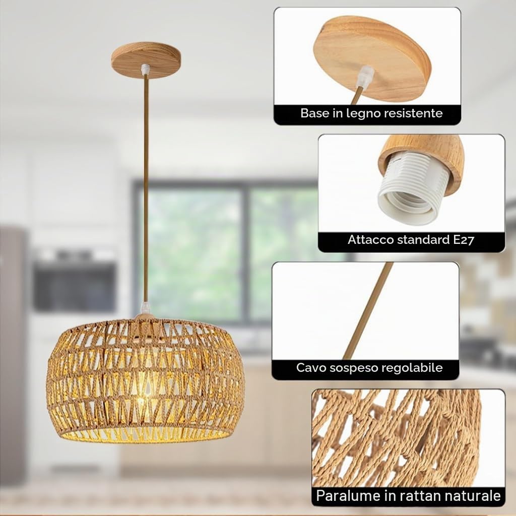 E27 Lampada A Sospensione Rustica Lampadario Rattan Paralume Rattan Lampadario Soggiorno A Sospensione Lampadario Vimini Boho Plafoniera Per Cucina Sala Sala Da Pranzo Camera Da Letto(A)