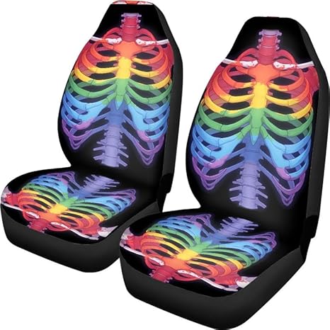 Rainbow Skull Print Breathable Car Seat Cover Funny Skeleton Pattern Fit Four Seasons Car Bucket Seats Protector Covers Universal Fit for Most Cars,SUV,Pickup,Van