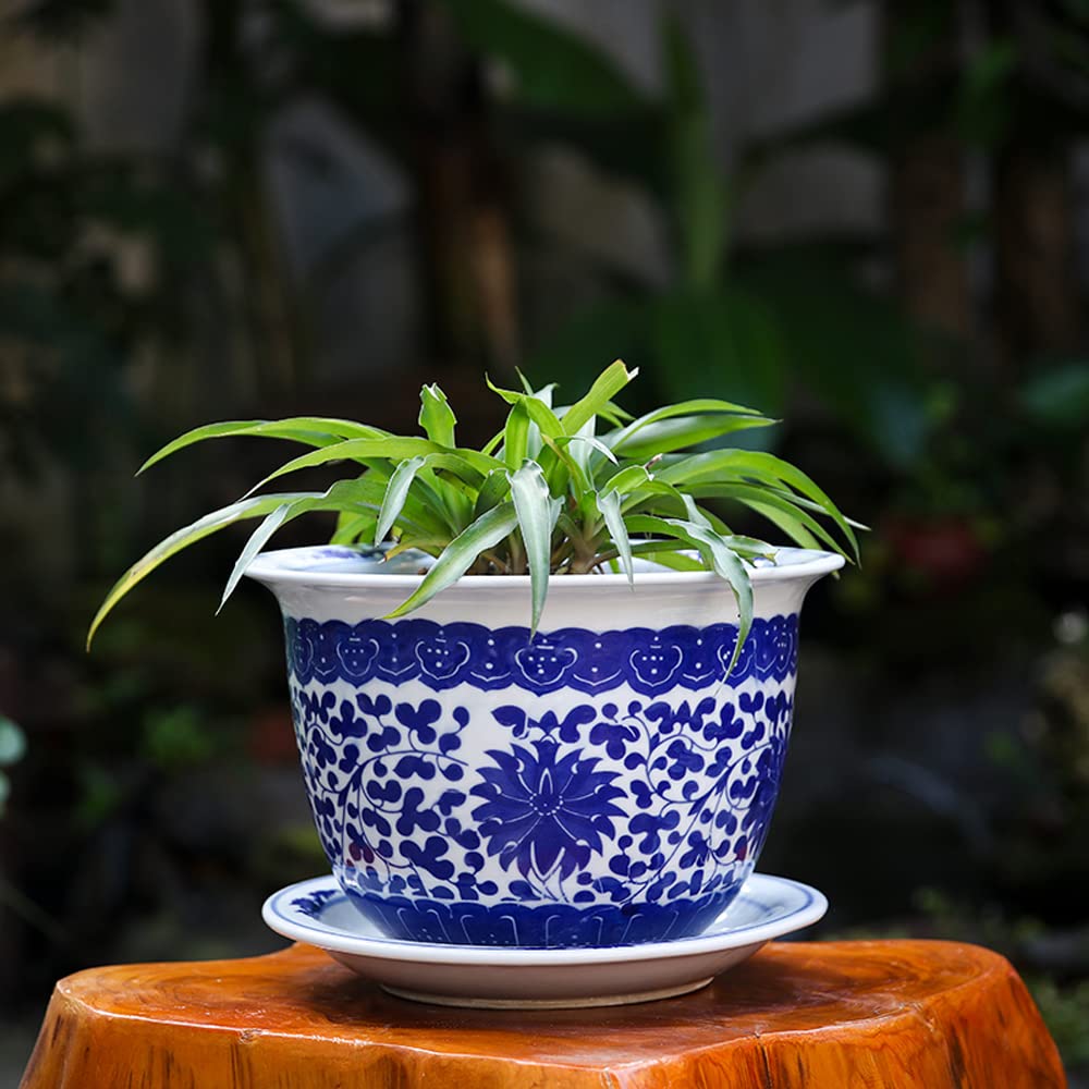 DFGHNBVC Extra Large Chinoiserie Blue And White Porcelain Flower Pot Jingdezhen Ceramic Flower Pot With Tray Breathable Flower Green Plant Potted Plant,A-24cm