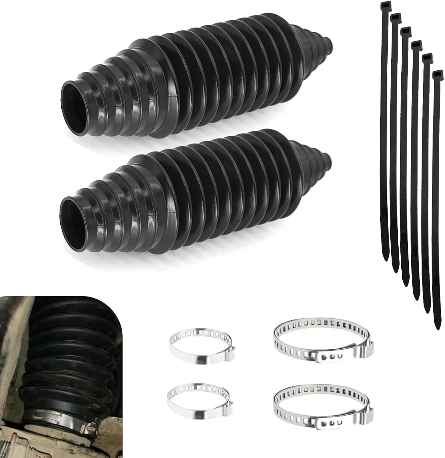 2Pcs Rack and Pinion Cover Set, Inner Tie Rod Boot Kit with Zip Ties & Clamps, Waterproof Steering Rack Boots Car Accessories(Black)