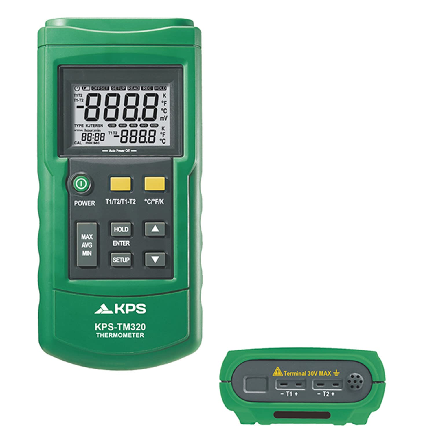 KPS-TM320 Termómetro Digital 2 Canales Compatible con Termopar J, K, T, E, R, S y N con Registro de Datos y Medidas en ºC ºF o Kelvin