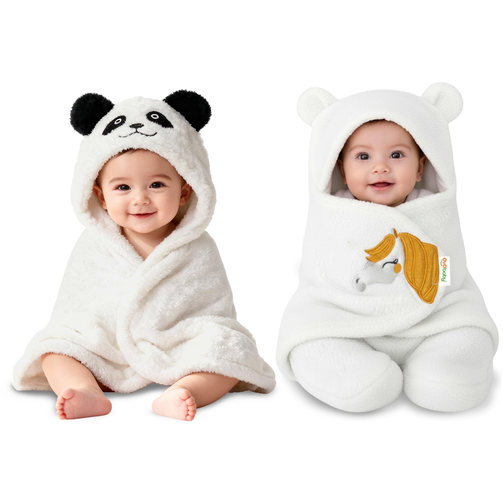OYO BABY Newborn Baby Blanket Combo Pack – Hooded Wrapper Sleeping Bag & Baby Bath Towel (0-12 Months, Boys & Girls, Flannel, White Panda & Unicorn White, Pack of 2)